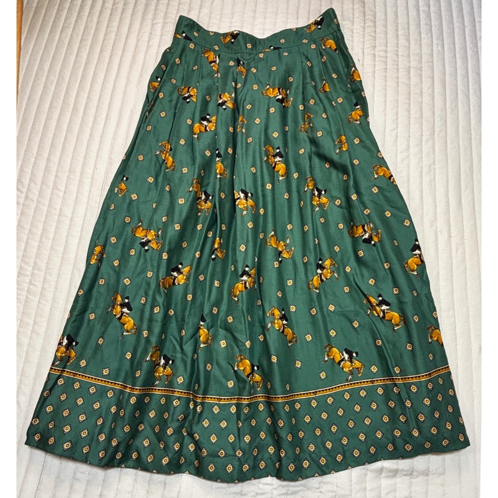 VTG 90s Chaus Green Equestrian Horse Print Pleated Midi Skirt Made in Japan EUC - Picture 7 of 10